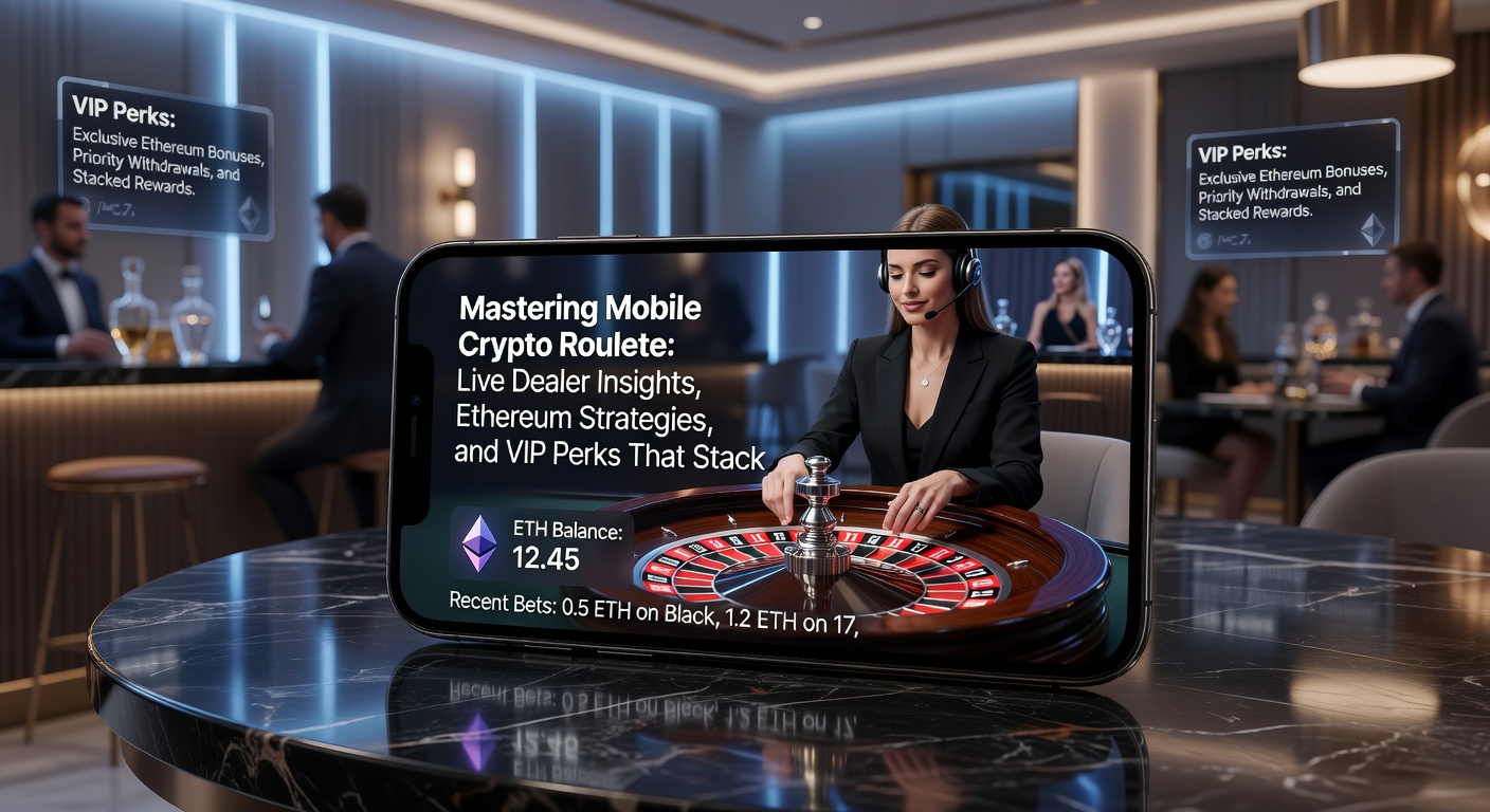Ethereum-Transaktionen auf einem Roulette-Tisch mit VIP-Symbolen und Live-Dealer im Hintergrund, illustriert Strategien und Perks